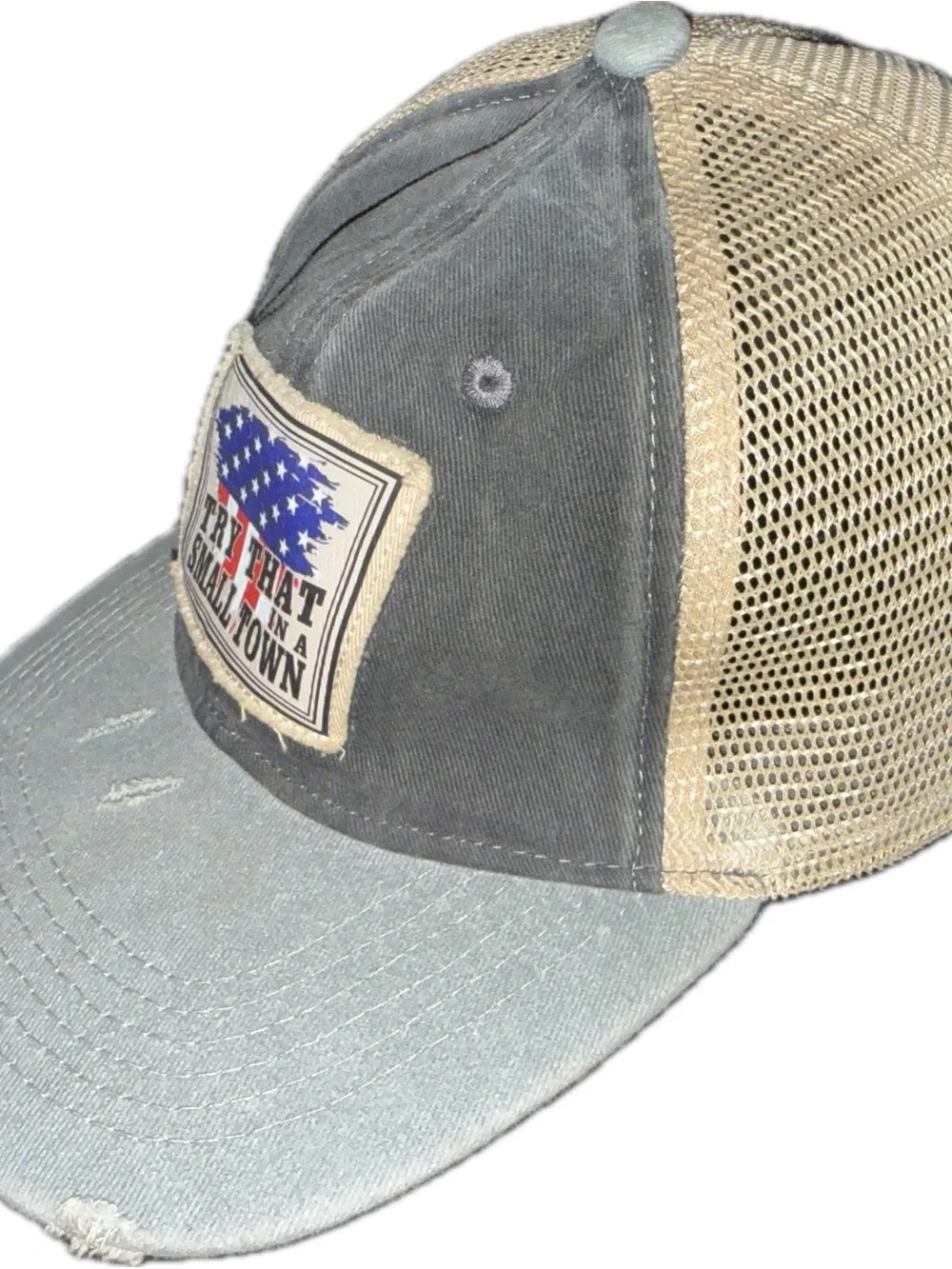 Try That Small Town Distressed Trucker Cap - Denim / Beige Mesh